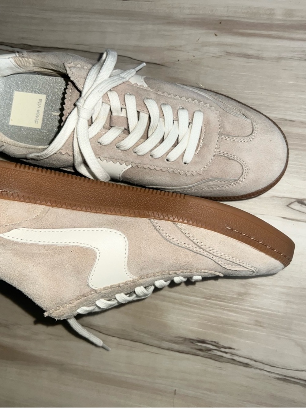 Dolce Vita Suede Sneakers in Light Beige & White with Gum Sole - Picture 4 of 8